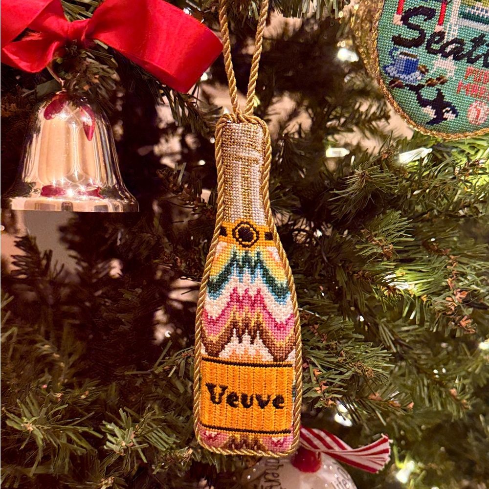 Hand-Stitched Needlepoint Ornament - Bargello Veuve Bottle